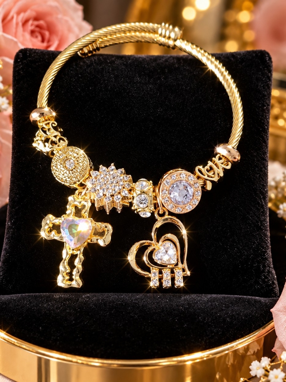 Gold Crystal Charm Bracelet with Heart & Cross Pendants